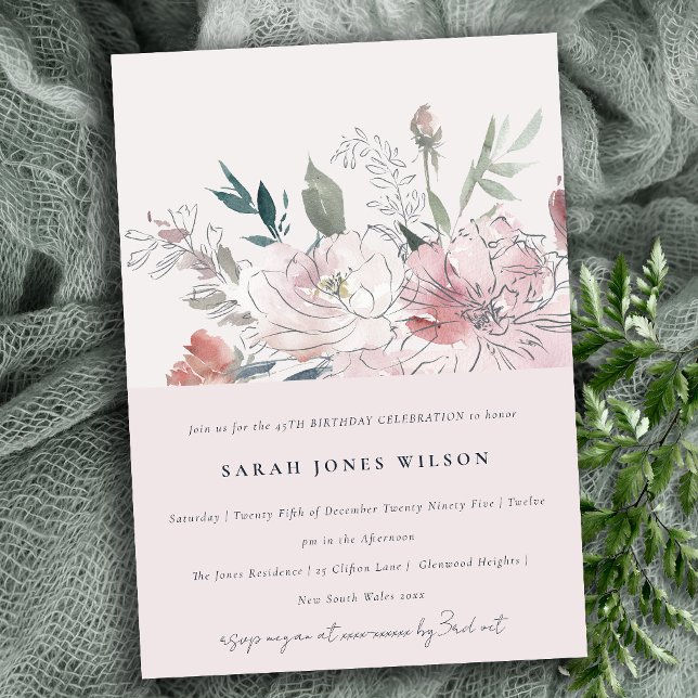 Chic Dusky Blush Watercolor Floral Birthday Invitation (Creator Uploaded)