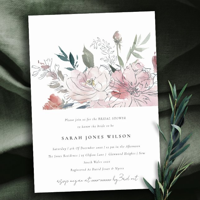 Chic Dusky Blush Watercolor Floral Bridal Shower Invitation (Creator Uploaded)