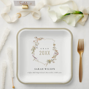 Chic Dusky Pink Blush Wildflower Crest Graduation Paper Plate