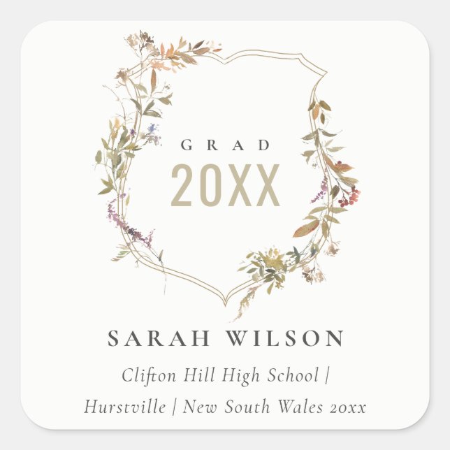 Chic Dusky Pink Blush Wildflower Crest Graduation Square Sticker (Front)