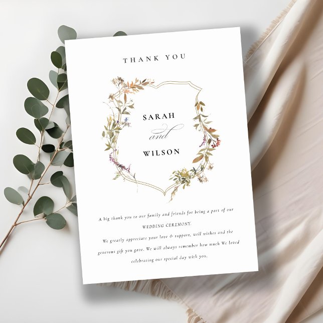 Chic Dusky Pink Blush Wildflower Crest Wedding Thank You Card (Creator Uploaded)