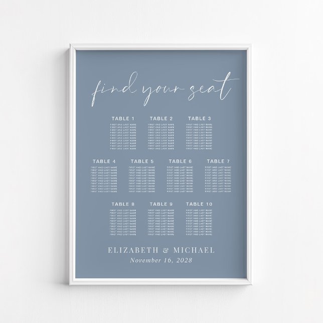 Chic Dusty Blue 10 Table Wedding Seating Chart (Creator Uploaded)