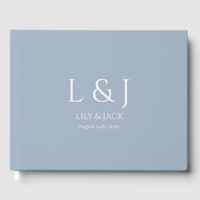 Chic Dusty Blue and Ivory Script Wedding Guest Book (Front)