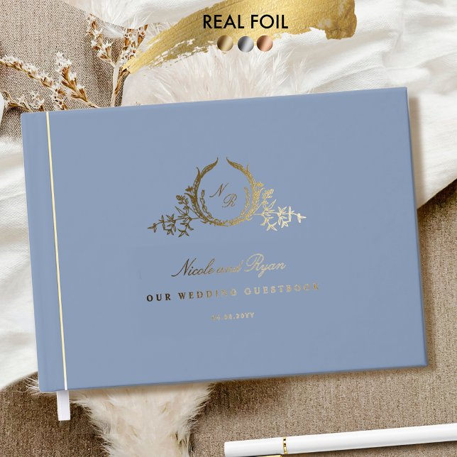 Chic Dusty Blue and Real Foil Monogrammed Wedding Guest Book (Creator Uploaded)