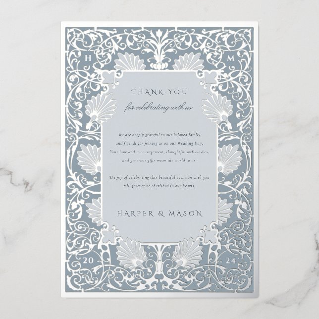 Chic Dusty Blue and Silver Foil Thank You (Front)