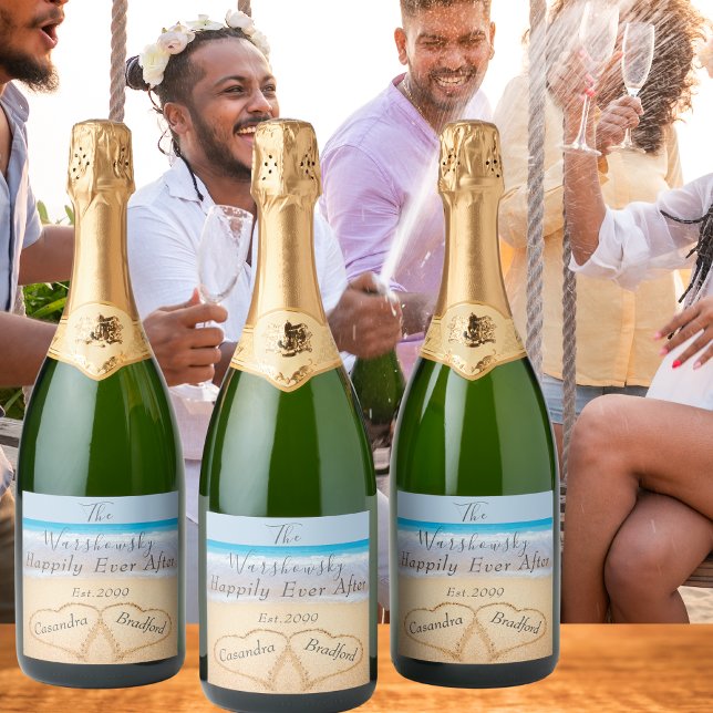 Chic Dusty Blue Beach Wedding 2 Heart Sand Sparkling Wine Label (Creator Uploaded)