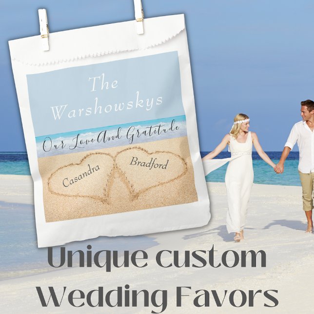 Chic Dusty Blue Beach Wedding 2 Hearts in Sand Favour Bag (Creator Uploaded)