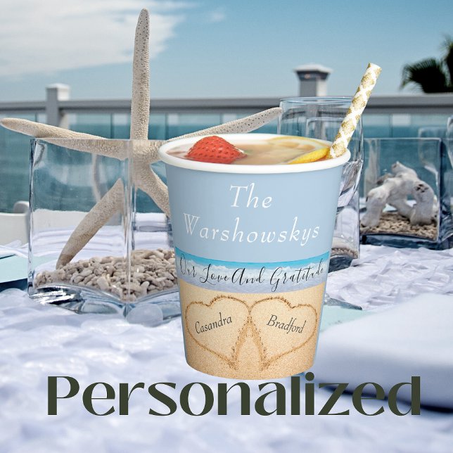 Chic Dusty Blue Beach Wedding 2 Hearts in Sand Paper Cups (Creator Uploaded)
