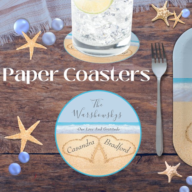Chic Dusty Blue Beach Wedding 2 Hearts in Sand   Round Paper Coaster (Creator Uploaded)