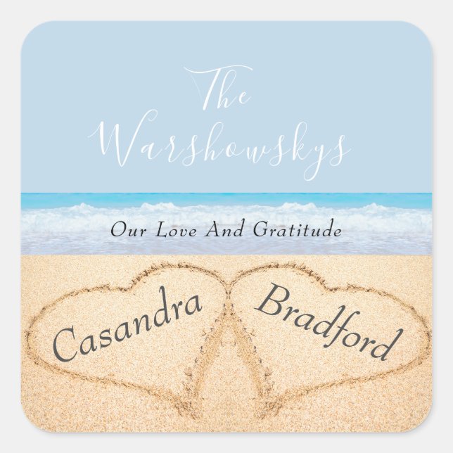 Chic Dusty Blue Beach Wedding 2 Hearts in Sand   Square Sticker (Front)