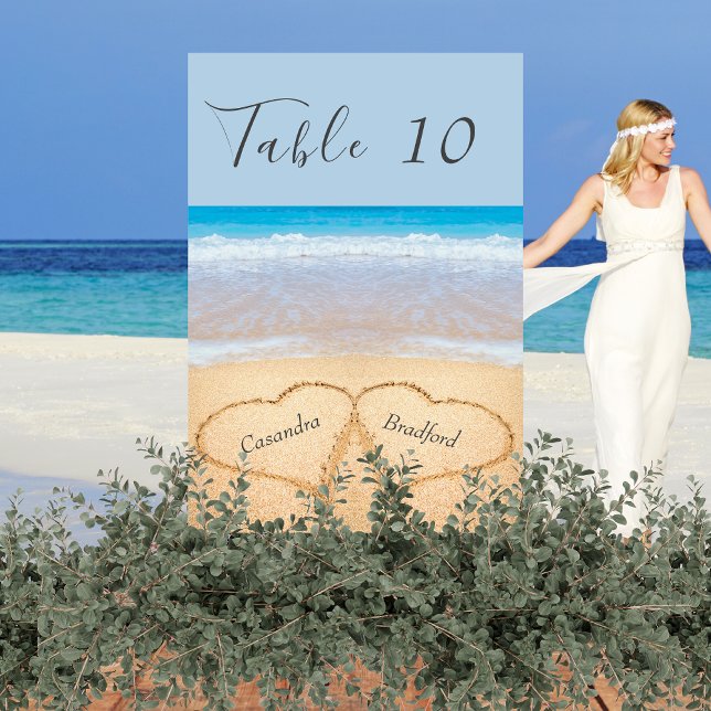 Chic Dusty Blue Beach Wedding 2 Hearts in Sand Table Number (Creator Uploaded)
