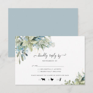 Chic Dusty Blue Botanical Mariage Repas Carte RSVP