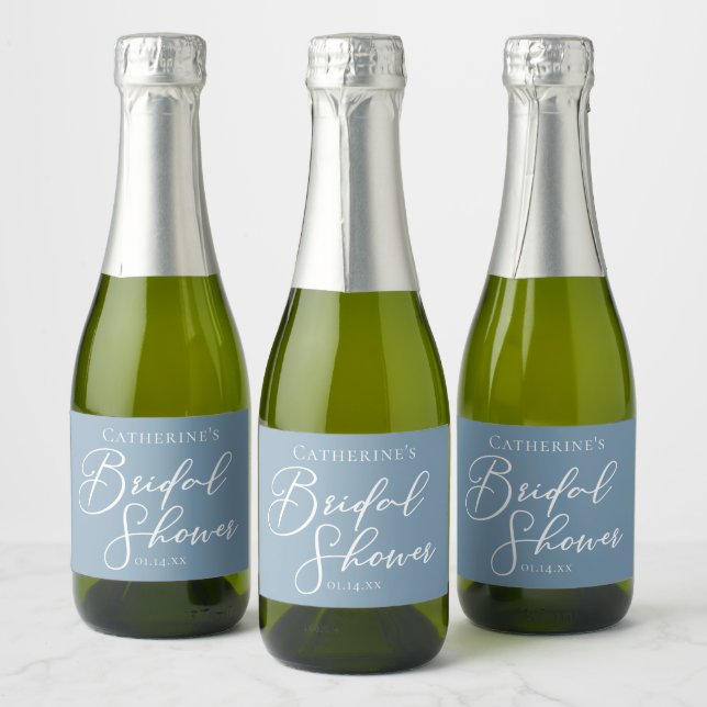 Chic Dusty Blue Bridal Shower White Personalized Sparkling Wine Label (Bottles)