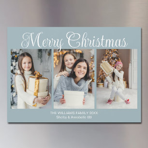 Chic Dusty Blue Christmas 3 Photo Magnet Card