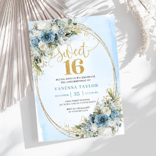Chic Dusty Blue Floral Eucalyptus Sweet 16 Invite
