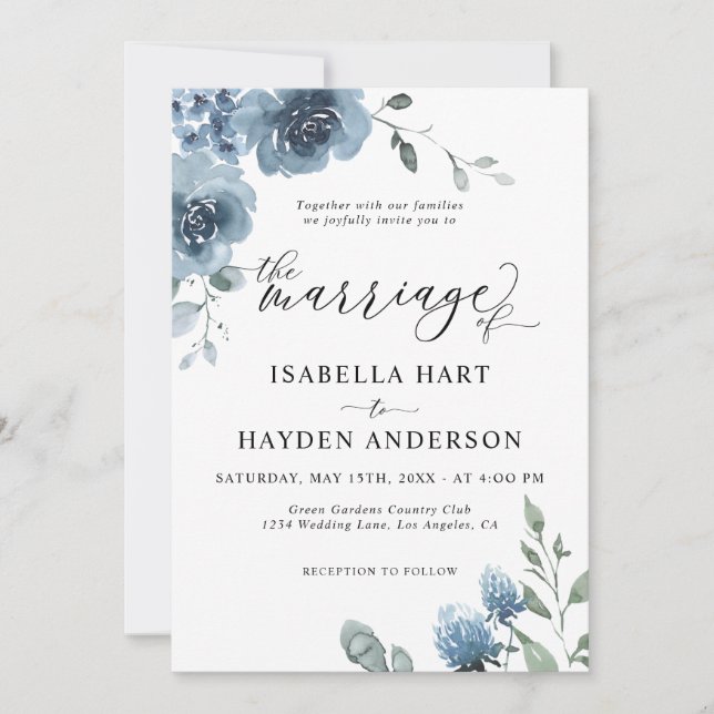 Chic Dusty Blue Floral Marriage Modern Wedding  Invitation (Front)