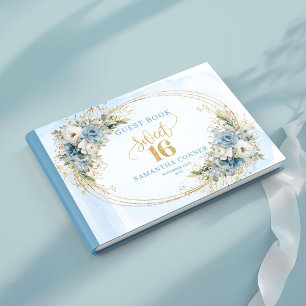 Chic Dusty Blue Floral Sweet Sixteen Guest Sign  Book