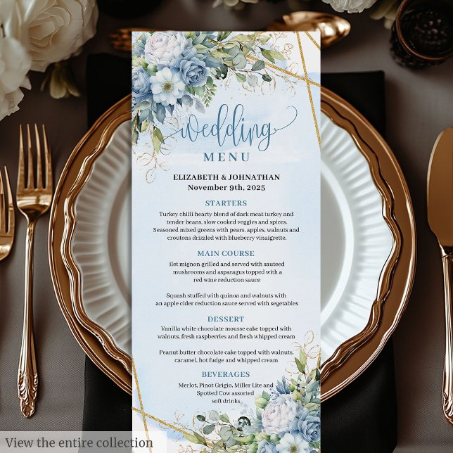 Chic Dusty Blue Flowers Greenery Gold Mariage Menu (Chic Dusty Blue Flowers Greenery Gold Wedding Menu)