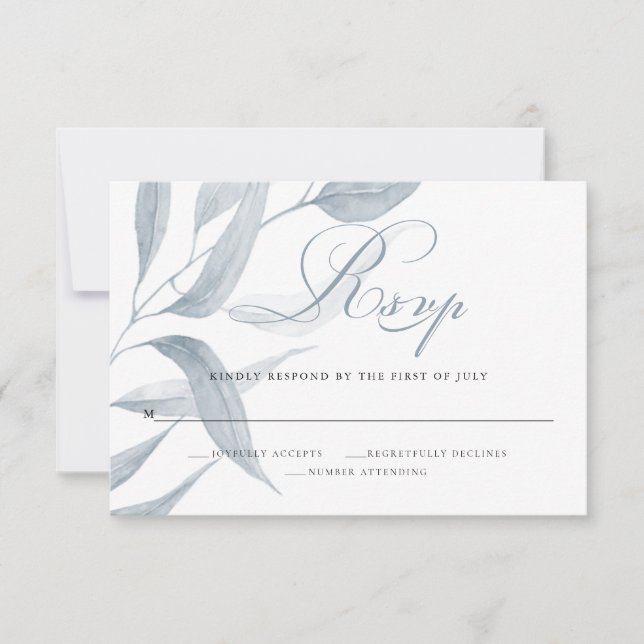 Chic Dusty Blue Foliing Réponse Mariage (Devant)