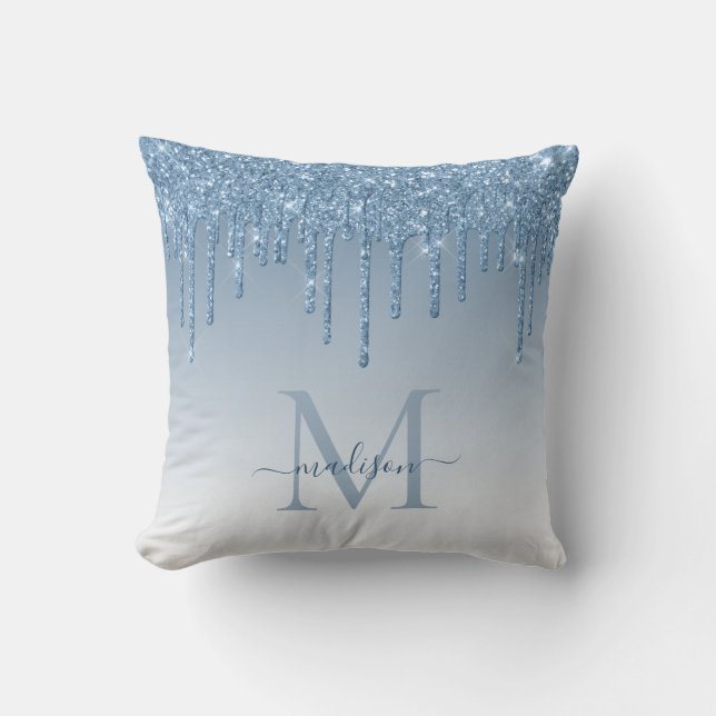 Chic Dusty Blue Glitter Drips Glam Monogram Script Throw Pillow (Front)