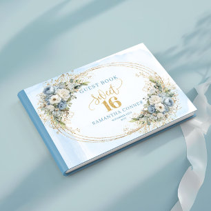 Chic Dusty Blue Gold Eucalyptus Sweet Sixteen Guest Book