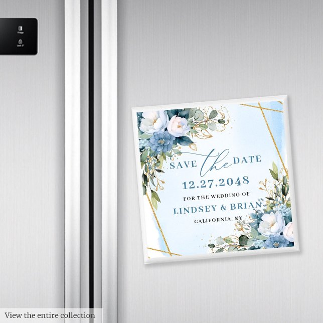 Chic Dusty Blue Gold Frame Floral Save the Date Magnet (Chic Dusty Blue Gold Frame Floral Save the Date)