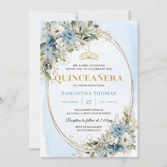 Chic Dusty Blue Gold Greenery Quince 15 Invitation (Front)