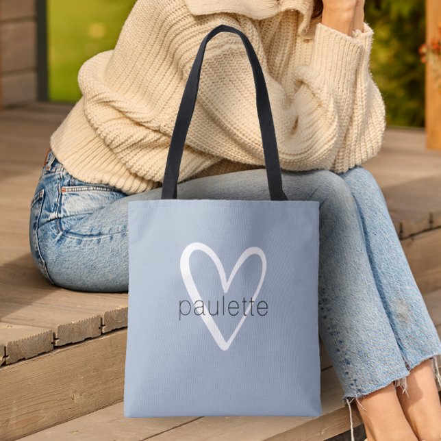 Chic Dusty Blue Heart Personalized Tote Bag (Heart Tote Bag by PartyInvitationShop.com)