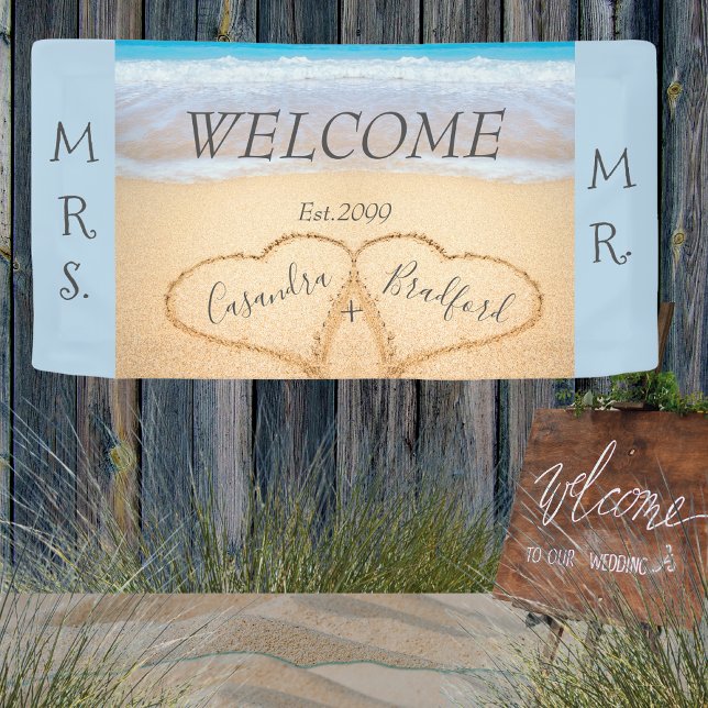 Chic Dusty Blue Hearts Beach welcome wedding Banner (Creator Uploaded)