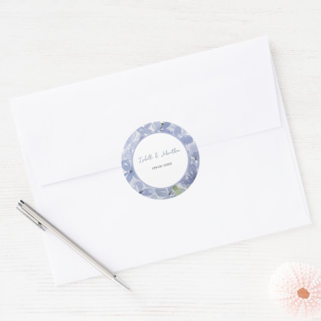 Chic Dusty Blue Hydrangea Blossoms Wreath Wedding Classic Round Sticker (Envelope)