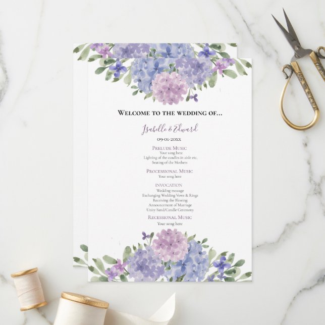 Chic Dusty Blue Lilac Watercolor Floral Wedding Program (Front/Back In Situ)
