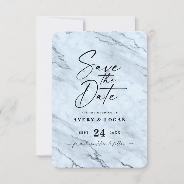 Chic Dusty Blue Marble with Grey Foil Details Save The Date (Front)