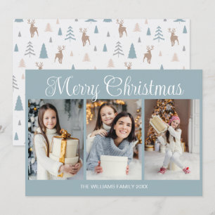 Chic Dusty Blue Merry Christmas Photo Collage Holiday Card