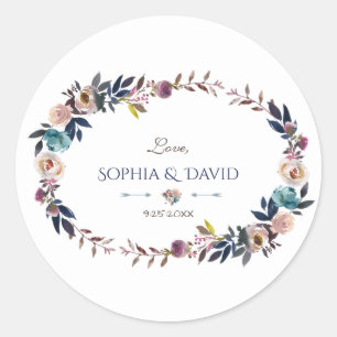 Chic Dusty Blue Misty Rose Wreath Wedding Classic Round Sticker