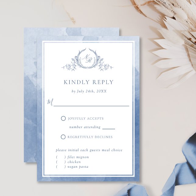 Chic Dusty Blue Monogram and Watercolor RSVP Card (Creator Uploaded)