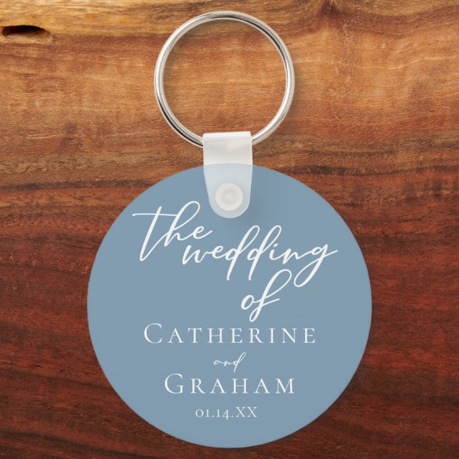 Chic Dusty Blue Personalized Coastal Wedding Keychain (Front)