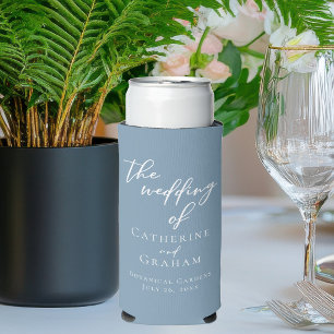 Chic Dusty Blue Personalized Coastal Wedding Seltzer Can Cooler