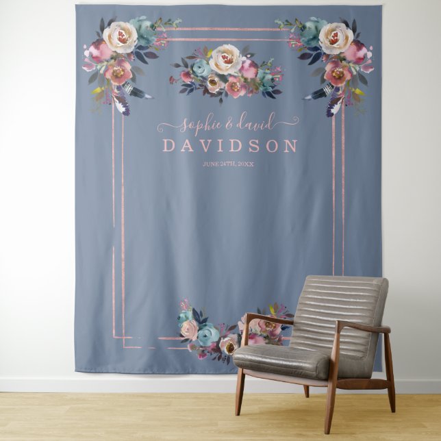 Chic Dusty Blue Pink Floral Rose Gold Photo Booth Tapestry (In Situ)