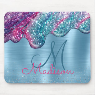 Chic dusty blue purple drips dripping monogram mouse pad