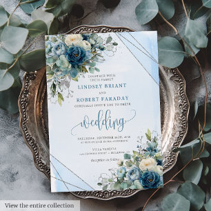 Chic Dusty Blue Silver Roses Faire-part de mariage