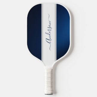Chic Dusty Blue Stripes Monogram Name Pickleball Paddle