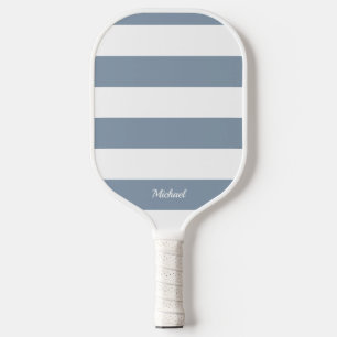 Chic Dusty Blue Stripes Striped Personalized Pickleball Paddle