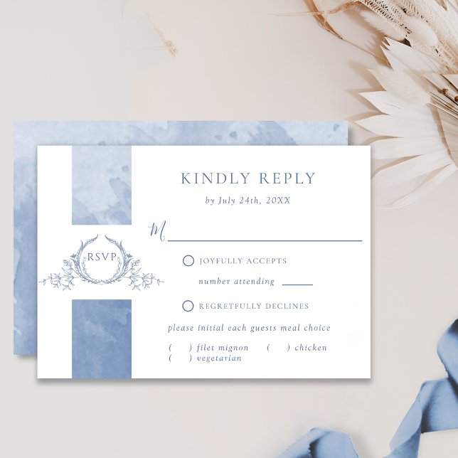 Chic Dusty Blue Watercolor Mariage Monogramme RSVP (Créateur téléchargé)