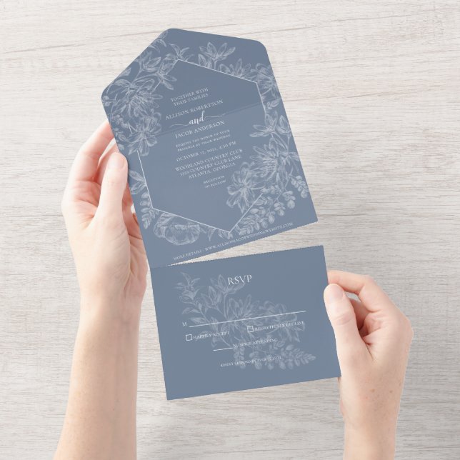 Chic Dusty Blue White Floral Botanical Wedding All In One Invitation (Tearaway)
