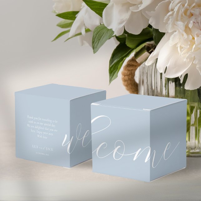 Chic Dusty Blue & White Wedding Welcome Favour Box (Creator Uploaded)