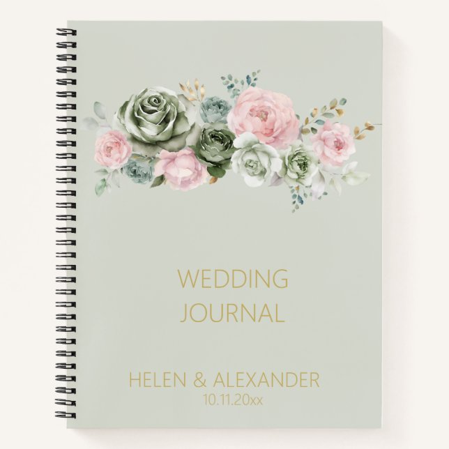 Chic Dusty Green Sage Floral Wedding Notebook (Front)