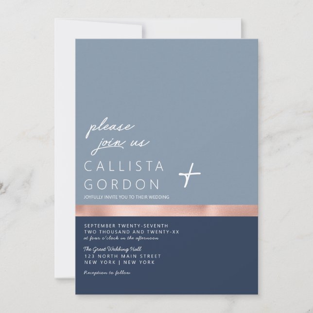Chic Dusty Navy Blue Rose Gold Colour Block Weddin Invitation (Front)