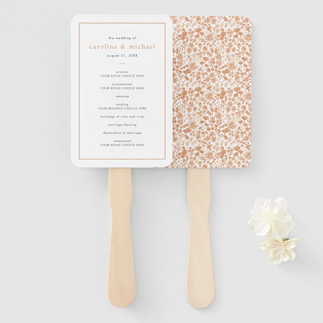 Chic Dusty Pink Ditzy Floral Wedding Program Hand Fan (Front and Back)