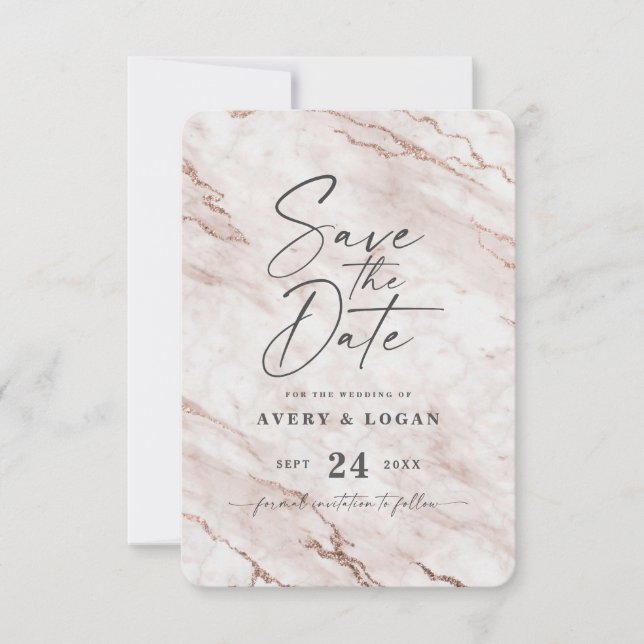 Chic Dusty Pink Marble with Foil Details Save The Date (Front)