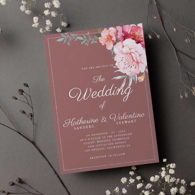 Chic dusty pink mint formal script floral wedding invitation (Chic dusty pink mint formal script floral wedding )